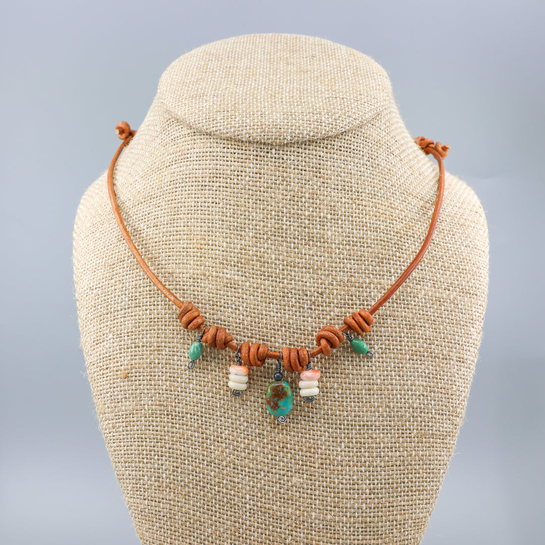 turquoise, leather, sterling silver charm necklace