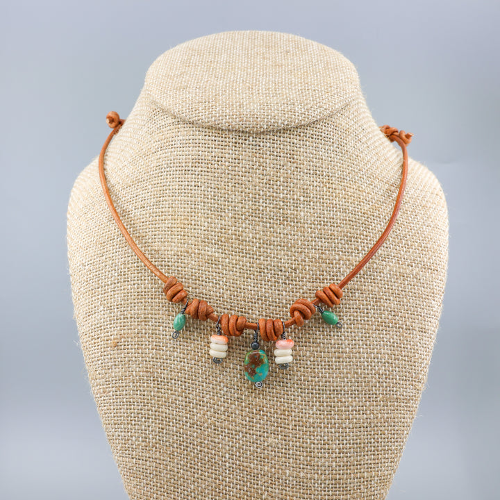 turquoise, leather, sterling silver charm necklace