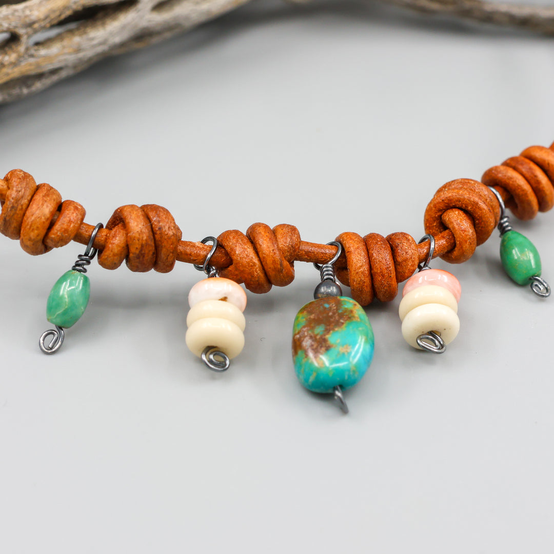 handmade turquoise and leather charm necklace