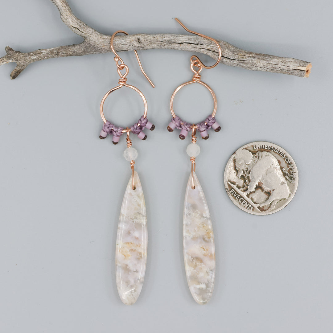 cherry blossom agate rose gold statement earrings with a coin for size comparison