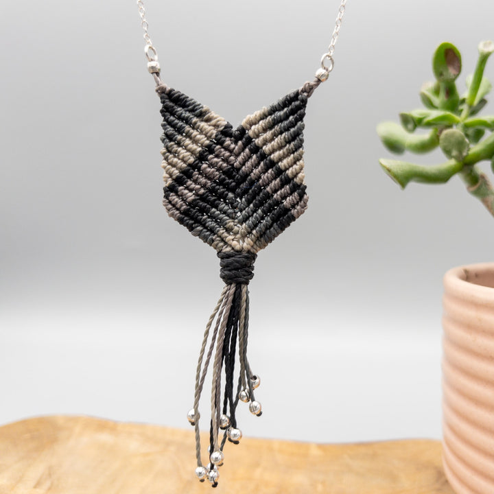 black and gray macrame necklace with sterling silver chain