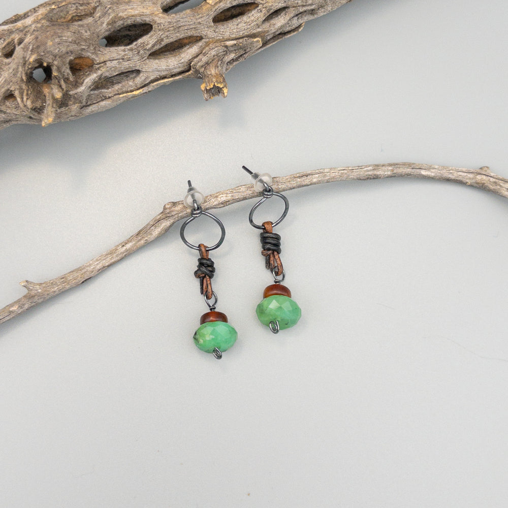 chrysoprase and horn leather and sterling silver earrings on gray background