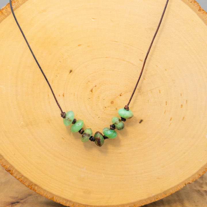 chrysoprase beaded necklace on leather with sterling silver hardware