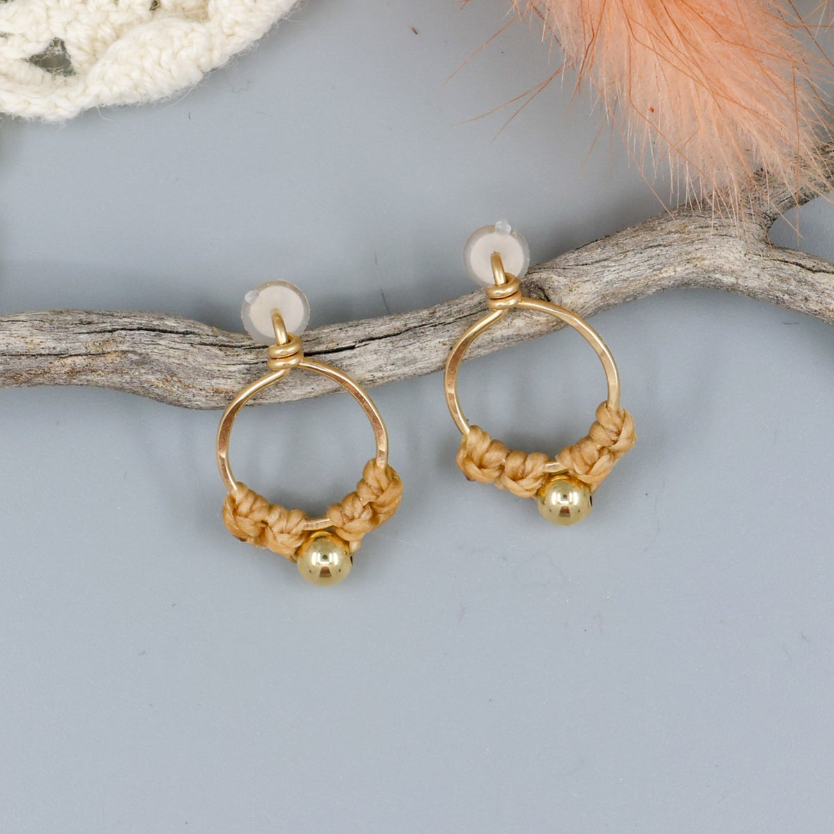 handmade gold macrame stud earrings