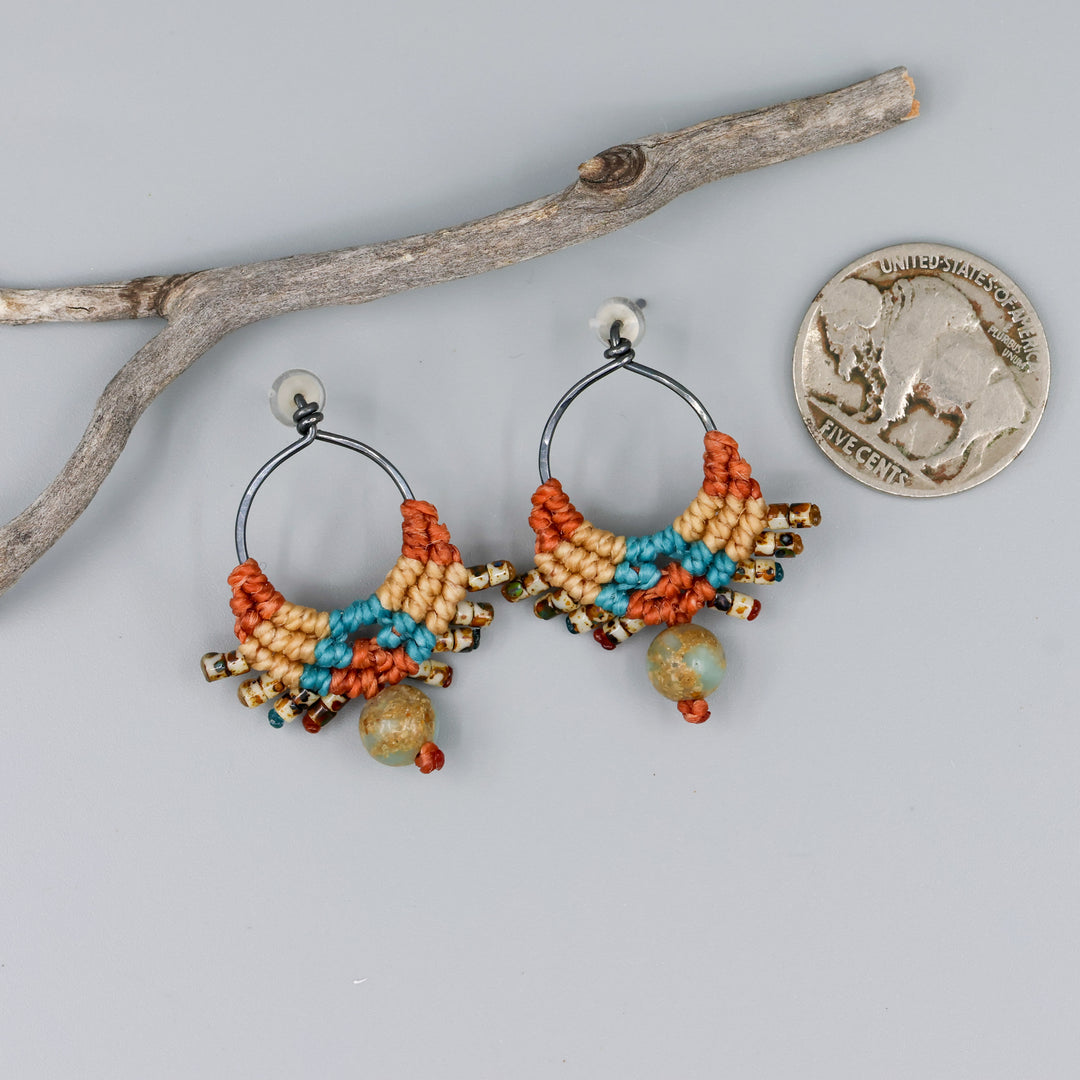 handmade sterling silver macrame earrings sedona colors with aqua terra jasper bead with a coin to show size