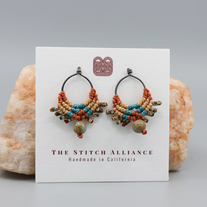 handmade sterling silver macrame earrings sedona colors with aqua terra jasper bead on a white card