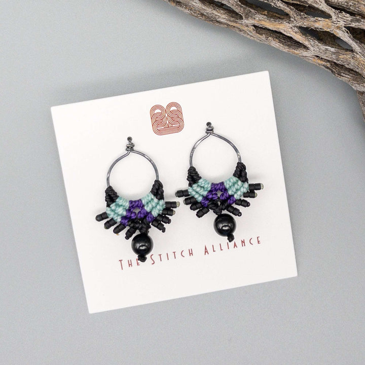hand-crafted macrame earrings with black spinel beads and oxidized sterling silver
