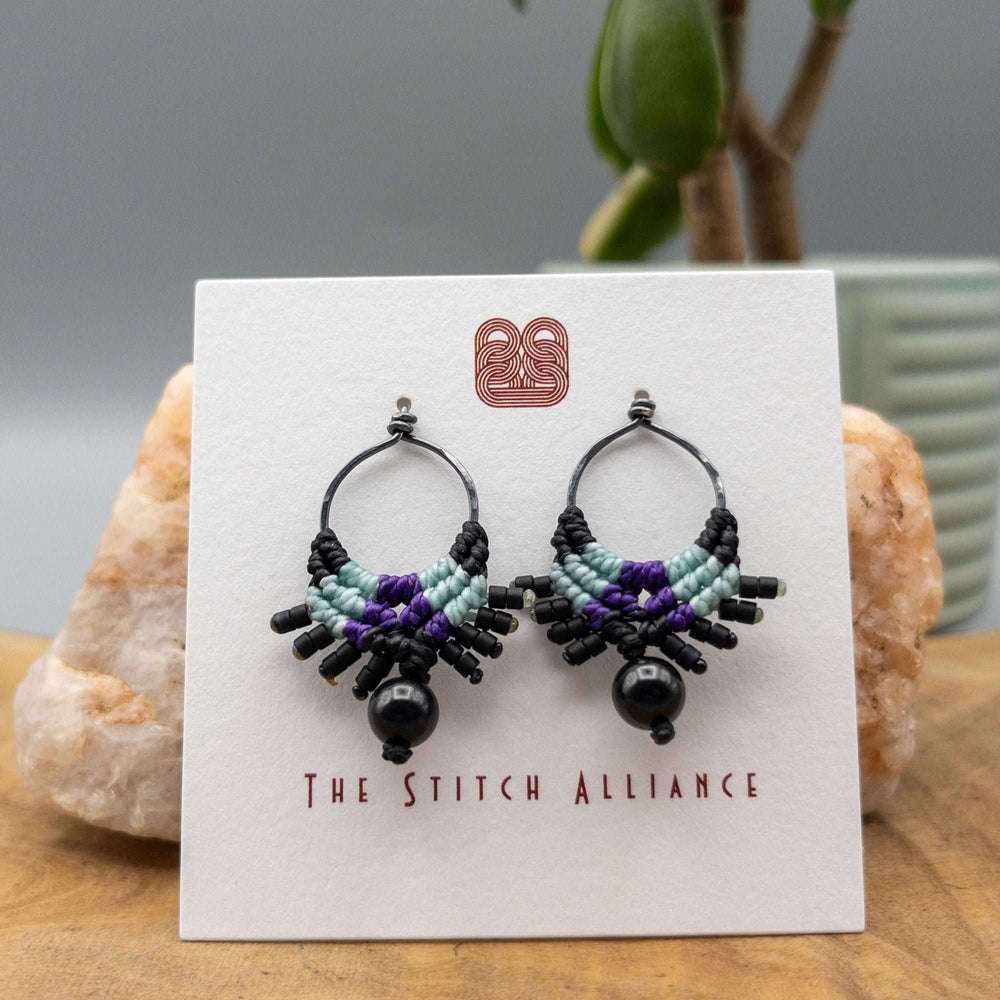 hand-crafted micro macrame earrings with black spinel beads and oxidized sterling silver