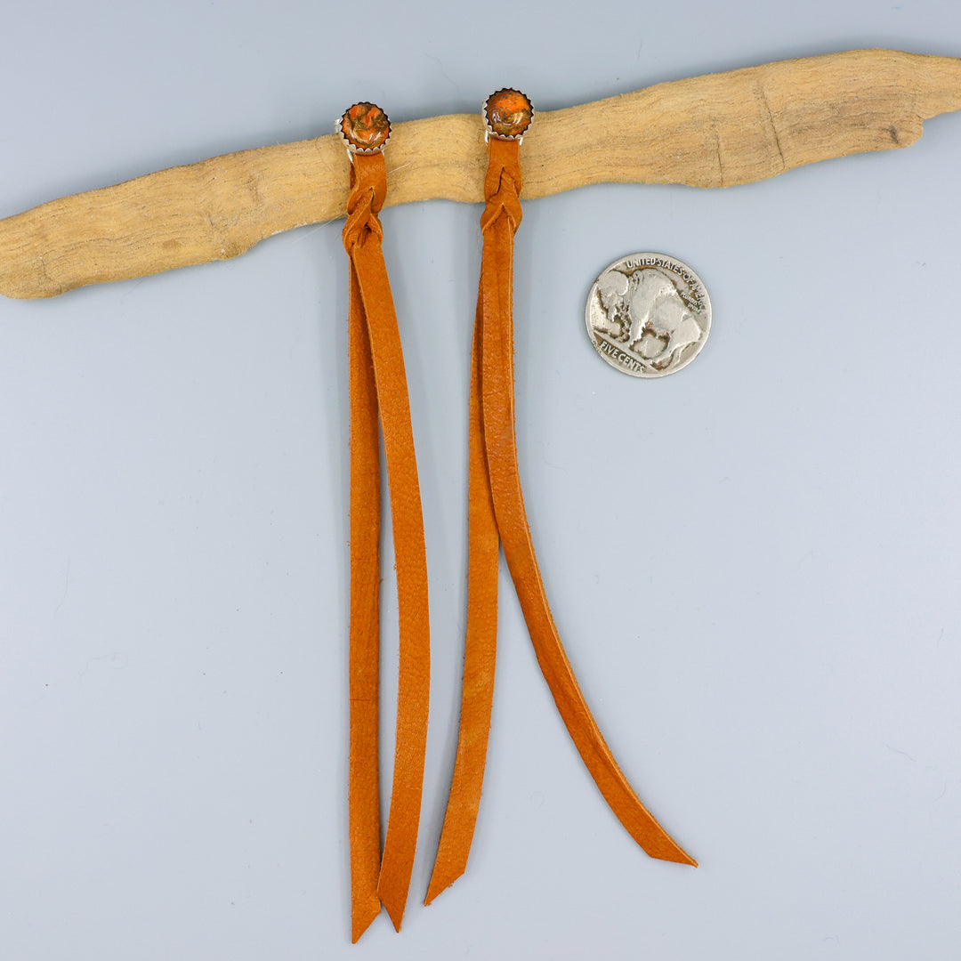 orange copper turquoise earrings with leather fringe with coin for size comparison