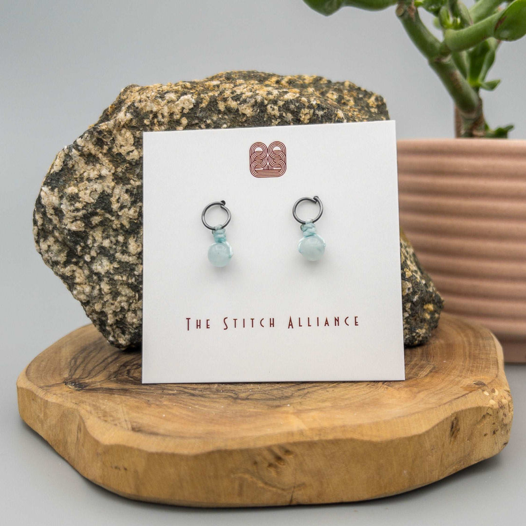 oxidized sterling silver post-style earrings with an aquamarine bead
