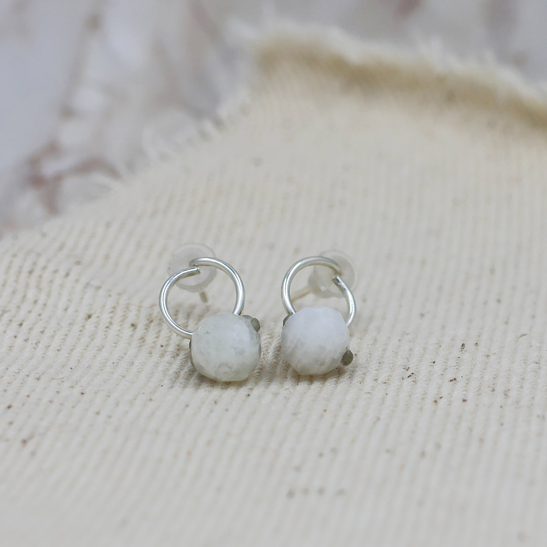 close up of Sterling silver moonstone stud earrings