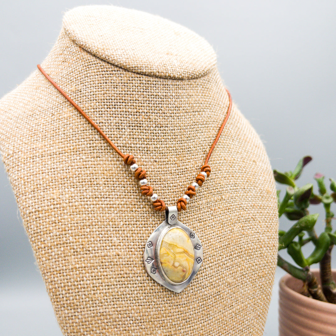 Crazy lace agate, sterling silver, leather necklace