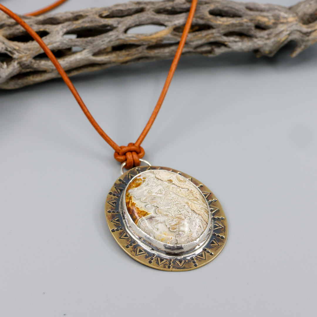 handmade one of a kind crazy lace agate brass and leather necklace