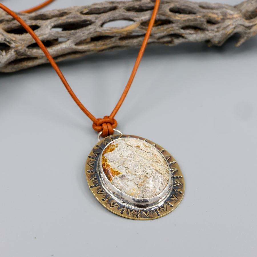 handmade one of a kind crazy lace agate brass and leather necklace