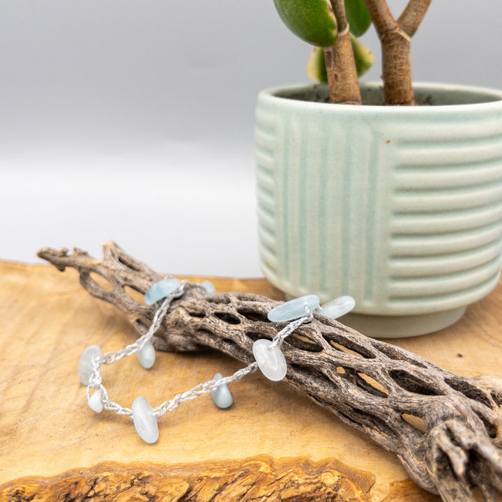 aquamarine crochet anklet with sterling silver clasp with a cholla branch
