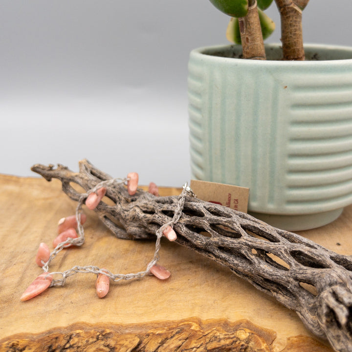rhodonite bead crocket anklet with sterling silver clasp on a cholla branch