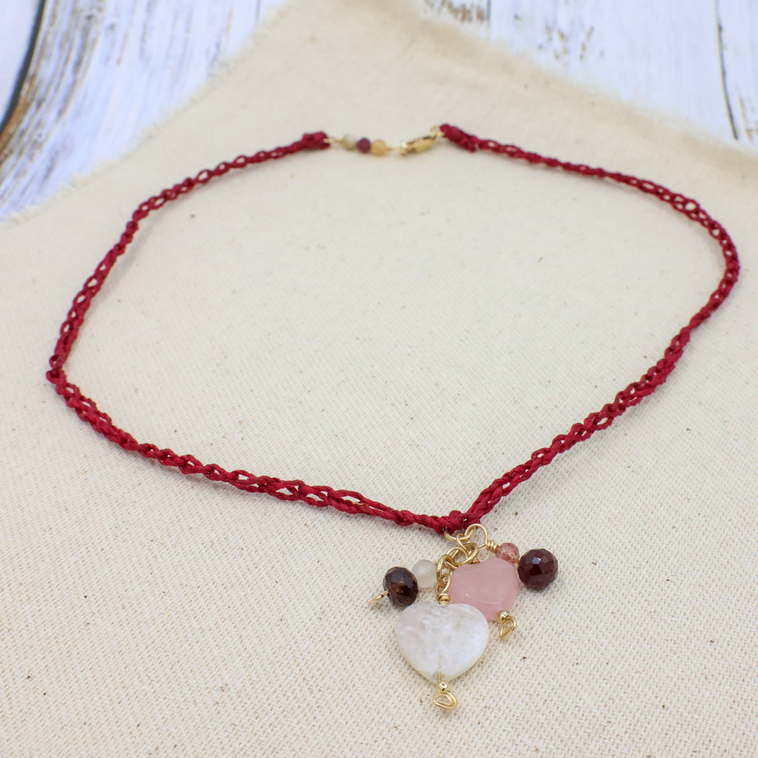 heart charm necklace rainbow moonstone, rose quartz, 14k gold fill