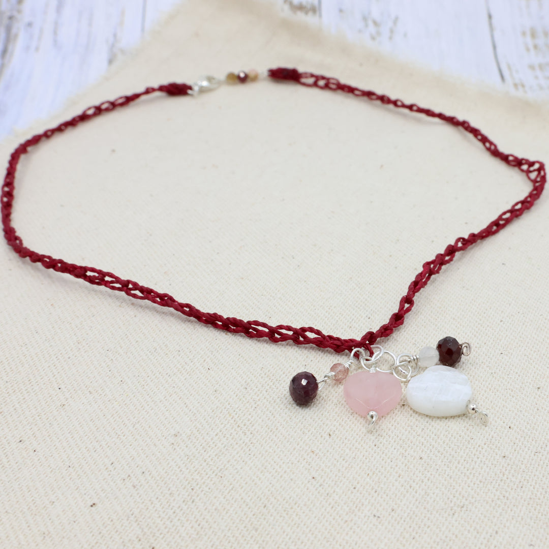 crochet gemstone heart charm necklace sterling silver 