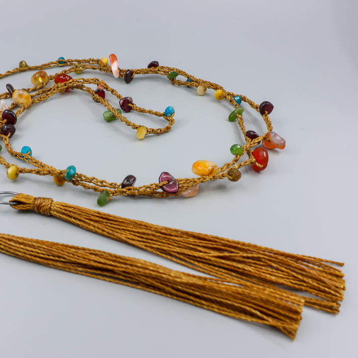 Autumn Gemstone & Crochet Long Lariat Tassel Necklace