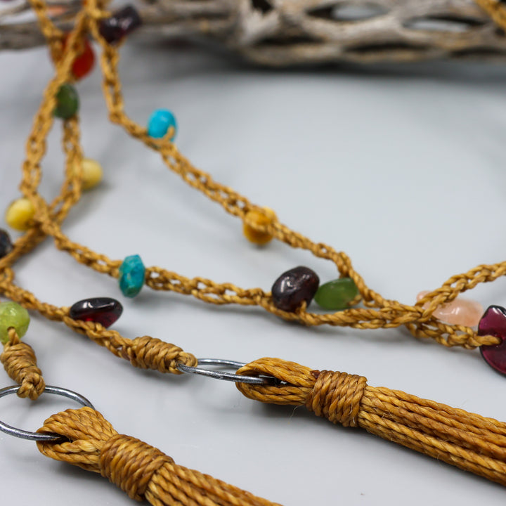 Autumn Gemstone & Crochet Long Lariat Tassel Necklace