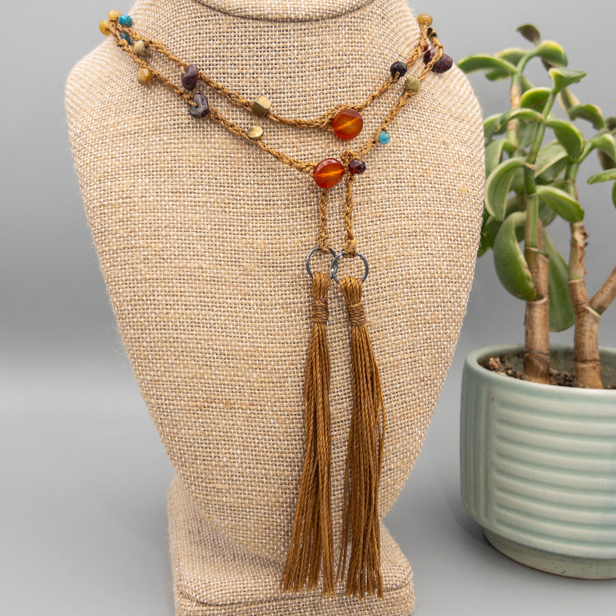 Gemstone long crochet necklace with tassels carnelian garnet