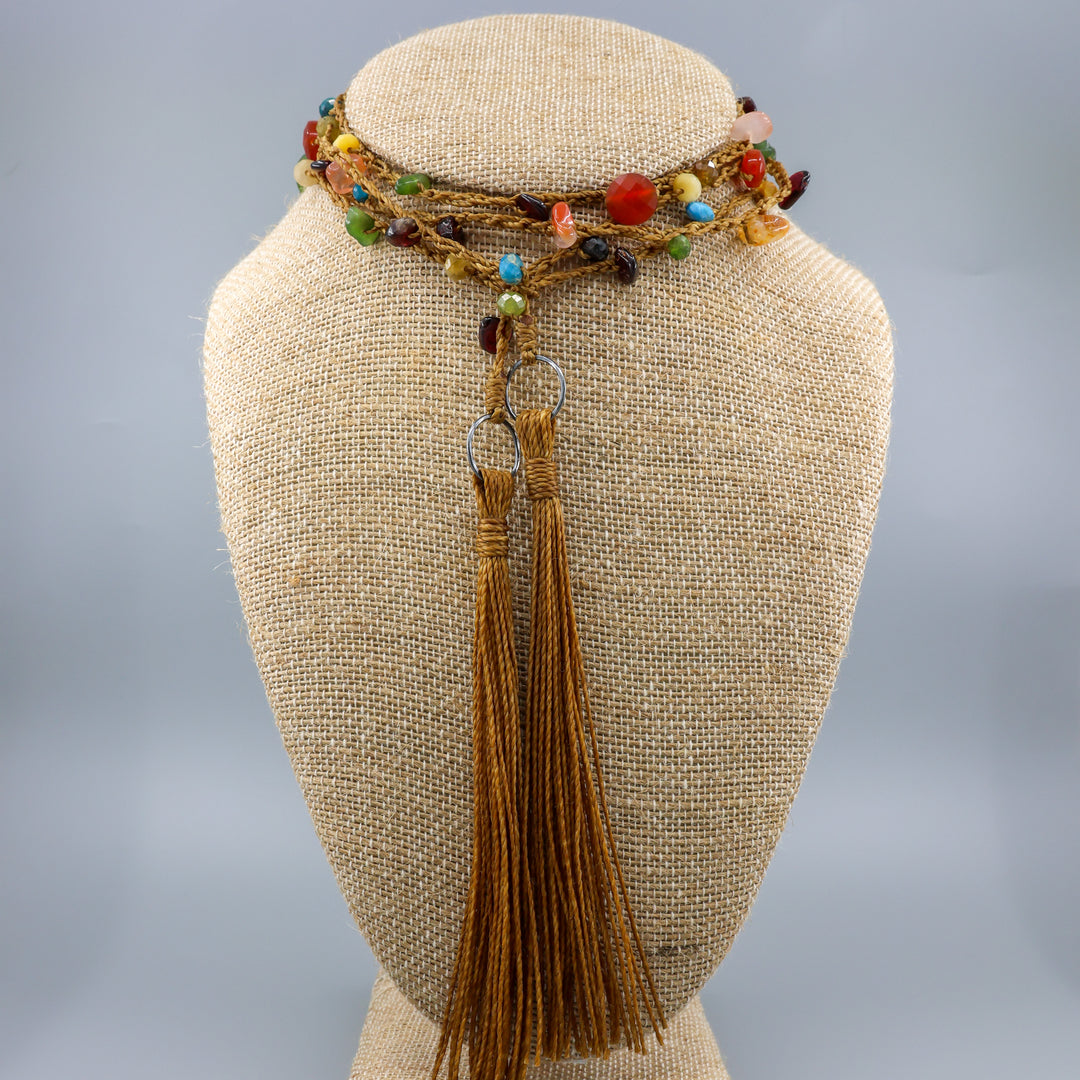 Autumn Gemstone & Crochet Long Lariat Tassel Necklace
