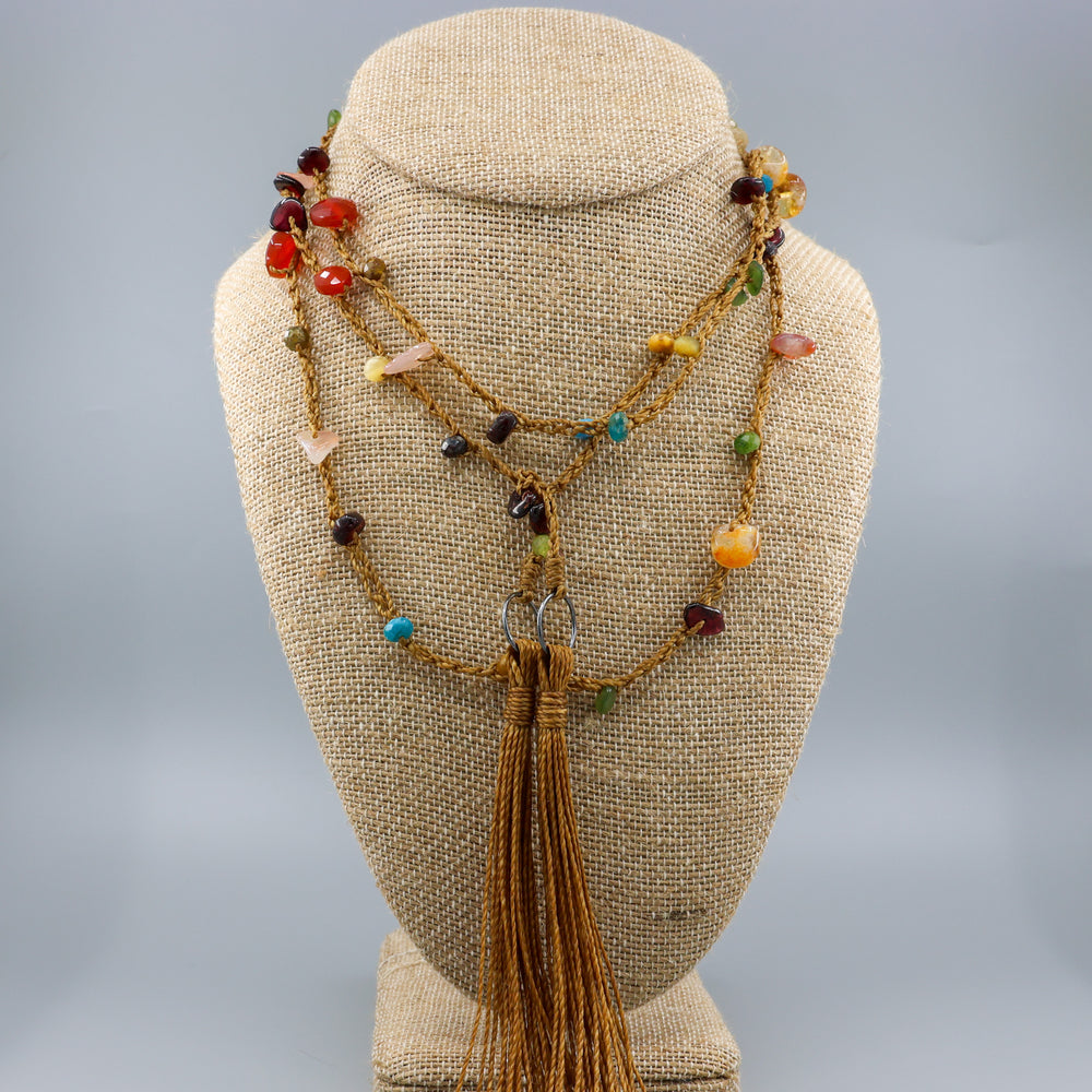 crochet and gemstone lariatt necklace