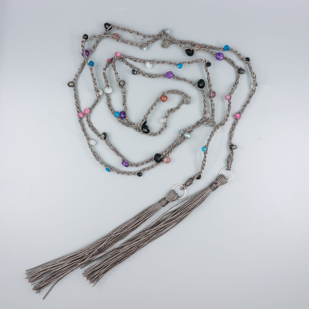 Night Sky Gemstone & Crochet Long Lariat Tassel Necklace