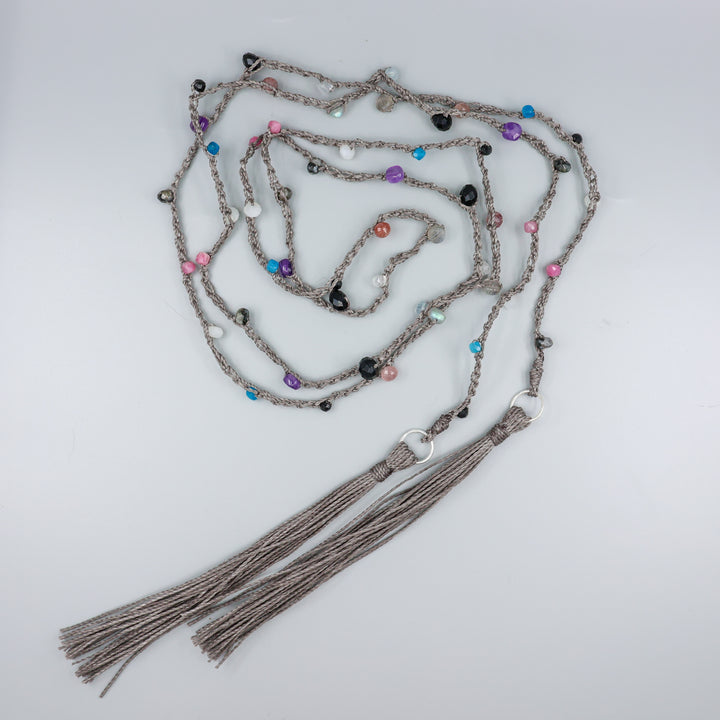 Night Sky Gemstone & Crochet Long Lariat Tassel Necklace
