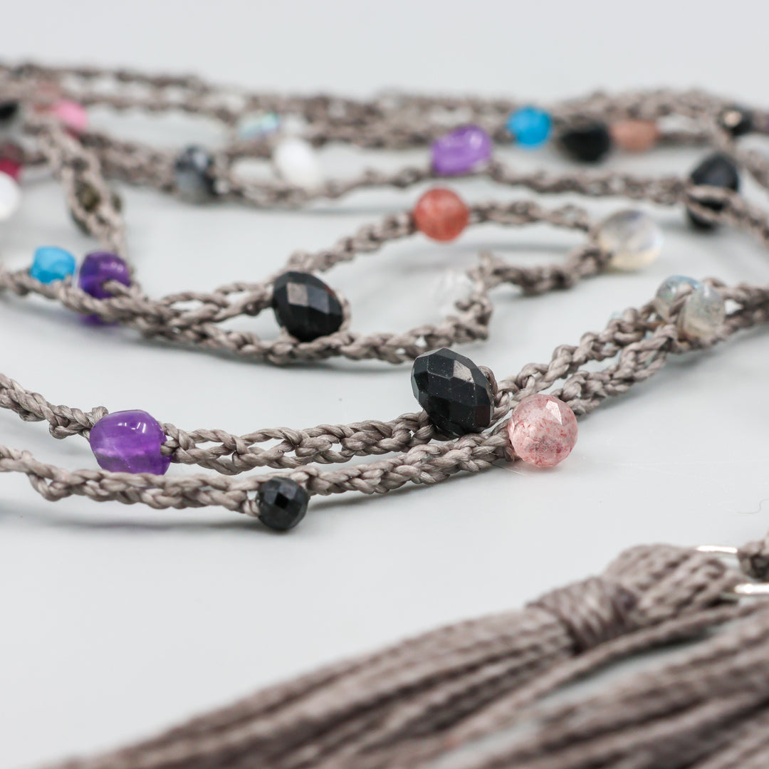 Night Sky Gemstone & Crochet Long Lariat Tassel Necklace