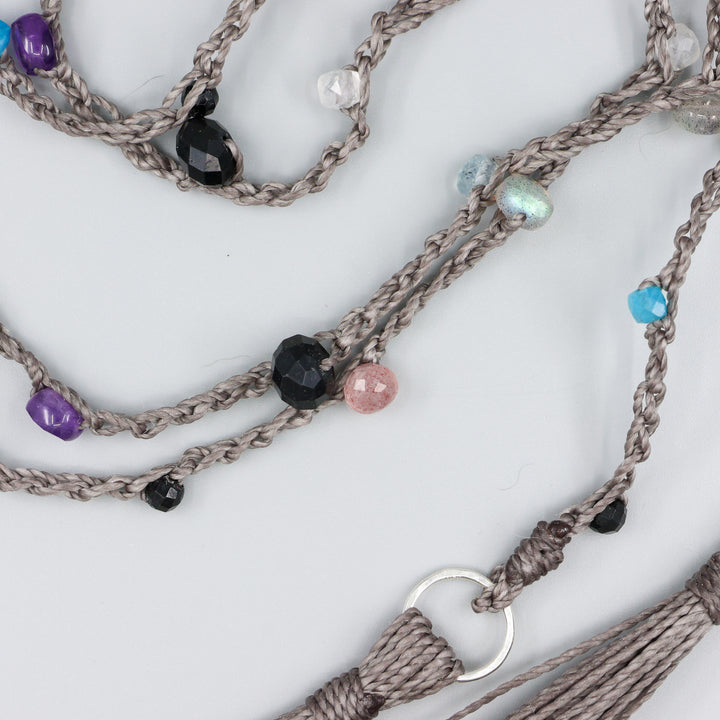 Night Sky Gemstone & Crochet Long Lariat Tassel Necklace