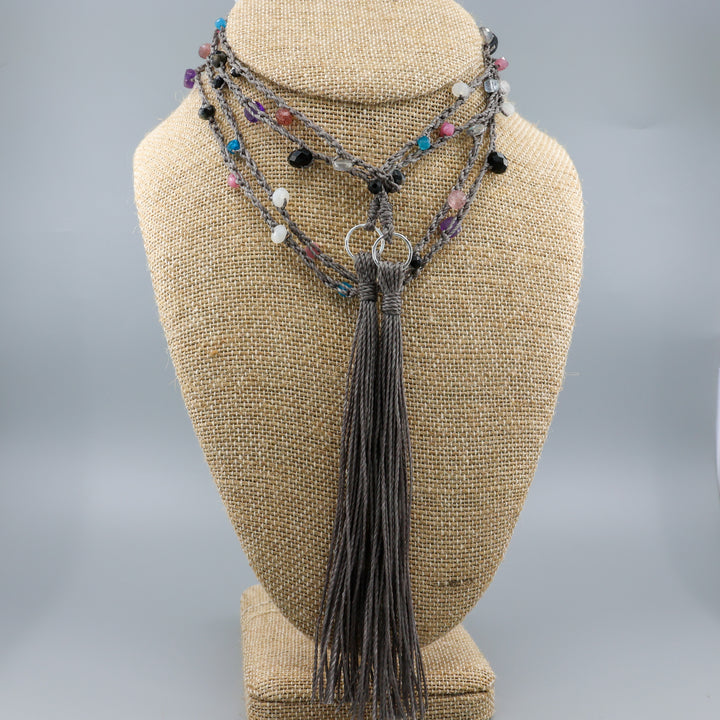 Night Sky Gemstone & Crochet Long Lariat Tassel Necklace