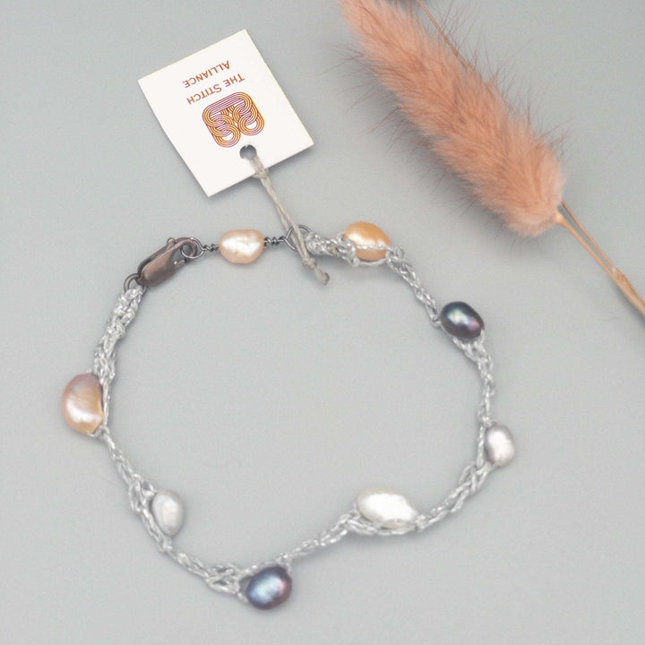 Crochet freshwater pearl bracelet sterling silver