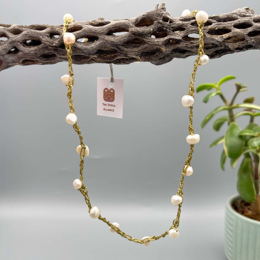 Freshwater pearl necklace gold crochet thread with a 14k gold filled clasp