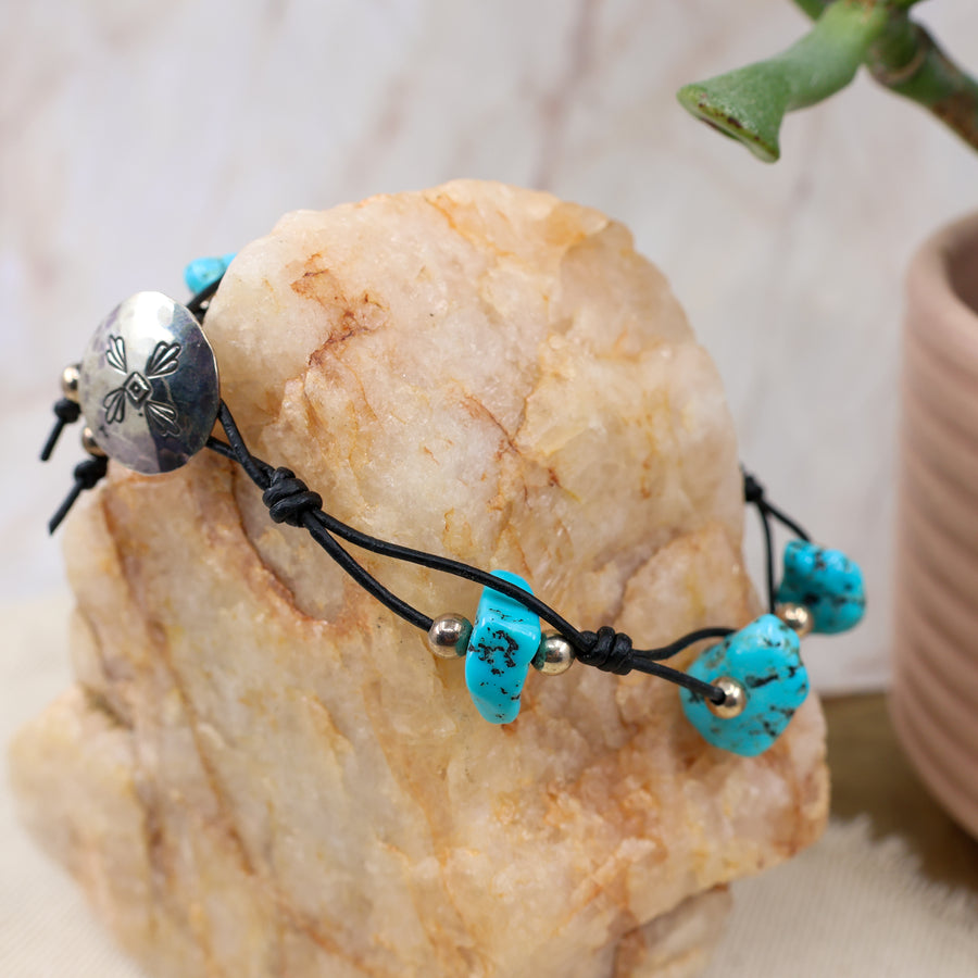 Turquoise and black leather bracelet with handmade sterling silver button clasp