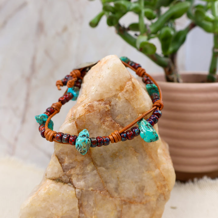 Handmade turquoise, leather, sterling silver and bead bracelet sedona collection