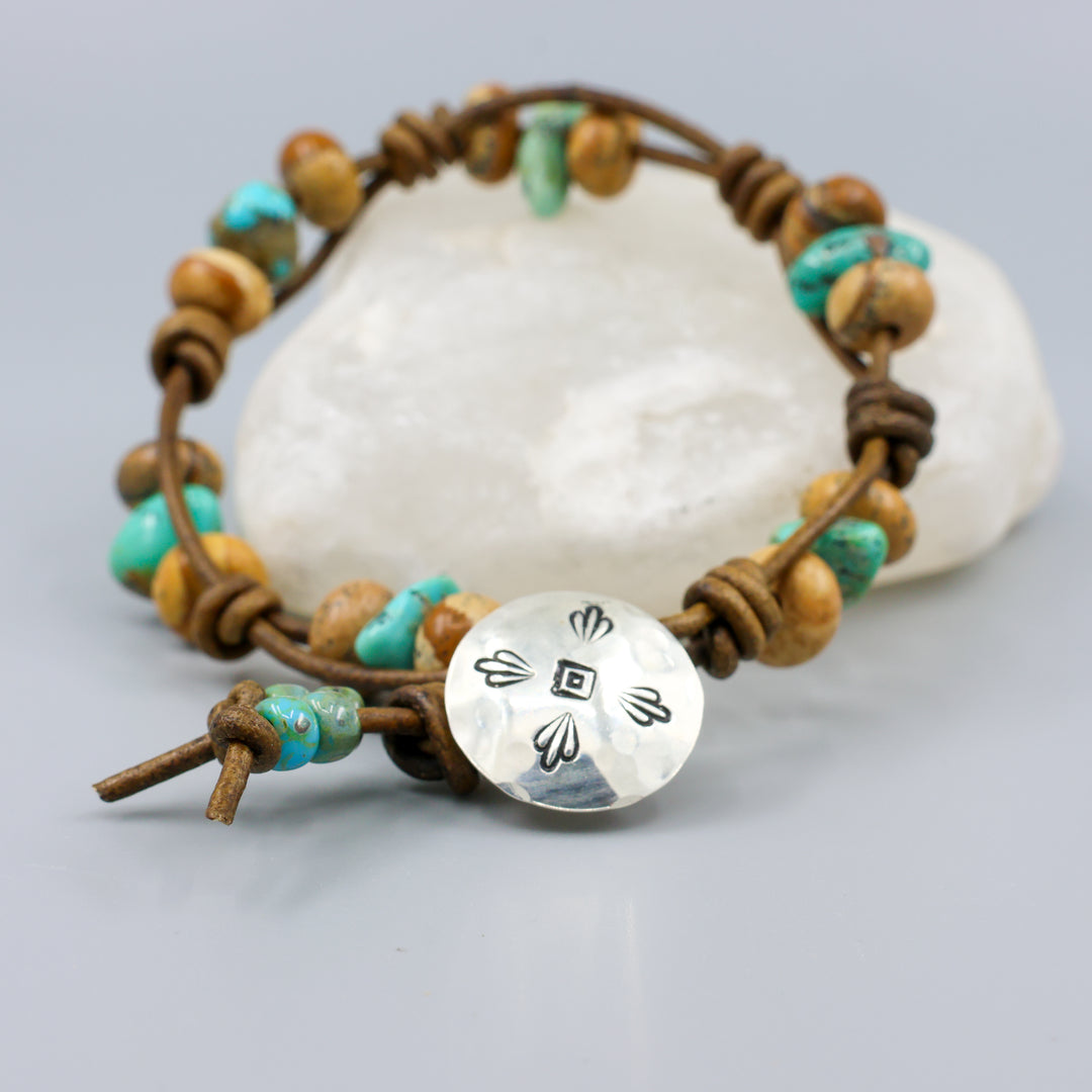 handmade jasper and turquoise leather bracelet with sterling silver button clasp