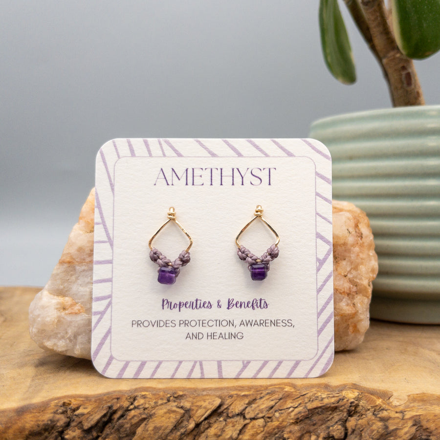 Amethyst gold filled square stud macrame earrings on a gift card