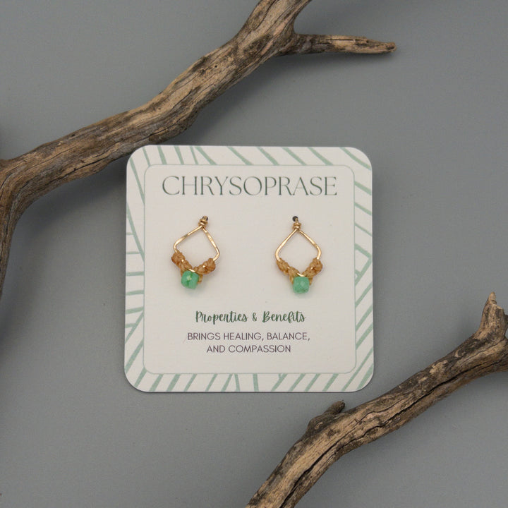 handmade chrysoprase square macrame earrings in 14k gold fill