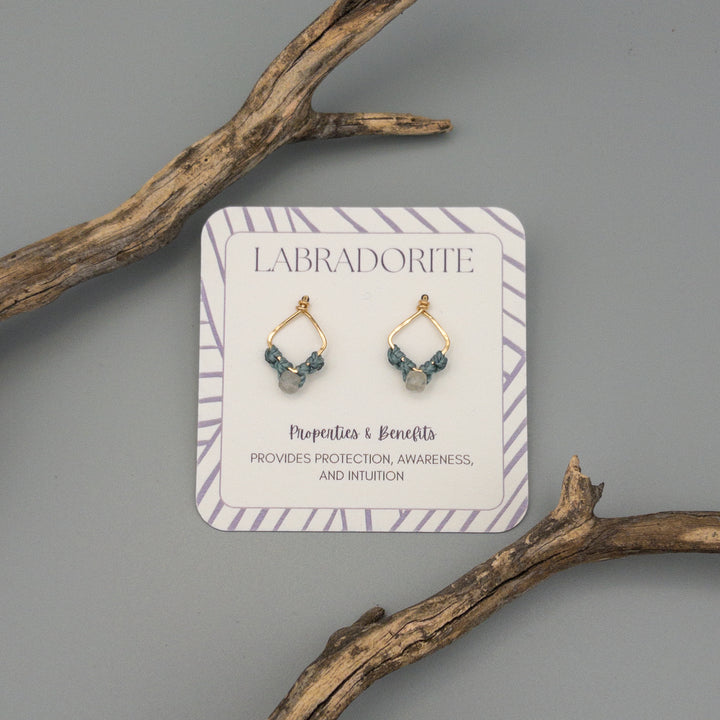 Handmade Labradorite gold filled square earrings on a gray background