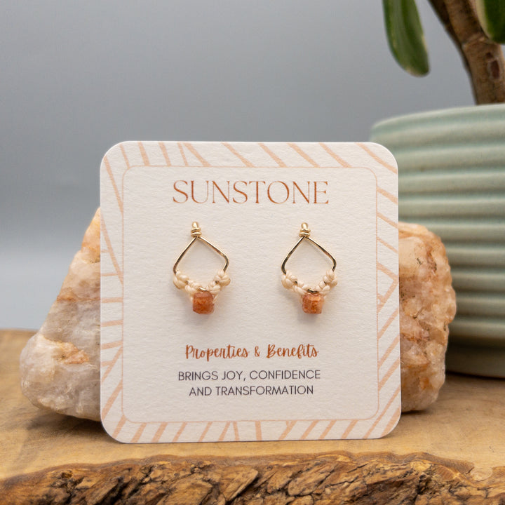 gold filled square sunstone earrings with macrame