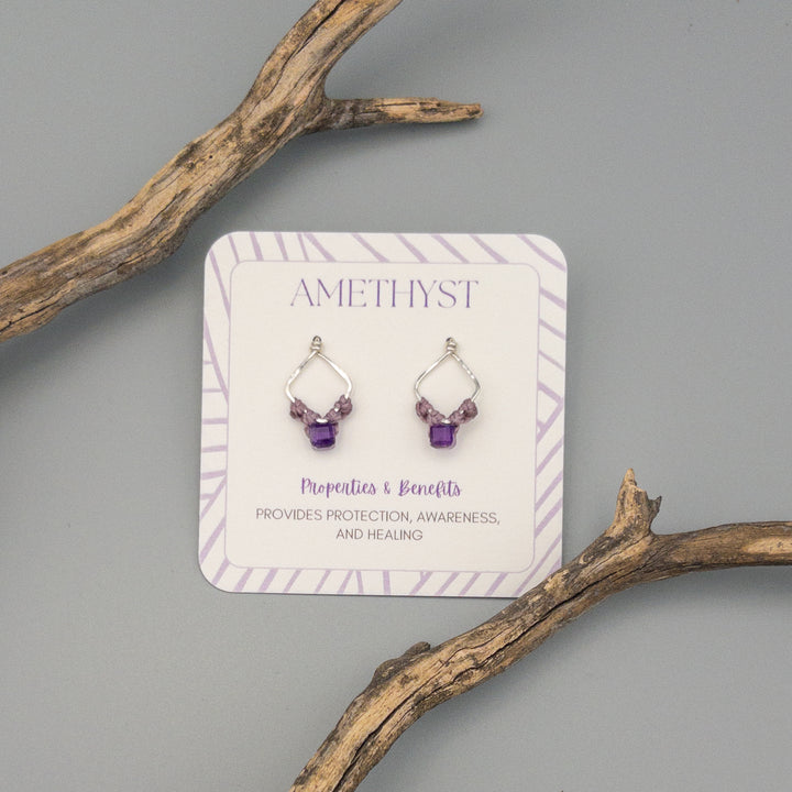 Square sterling silver and amethyst stud macrame earrings