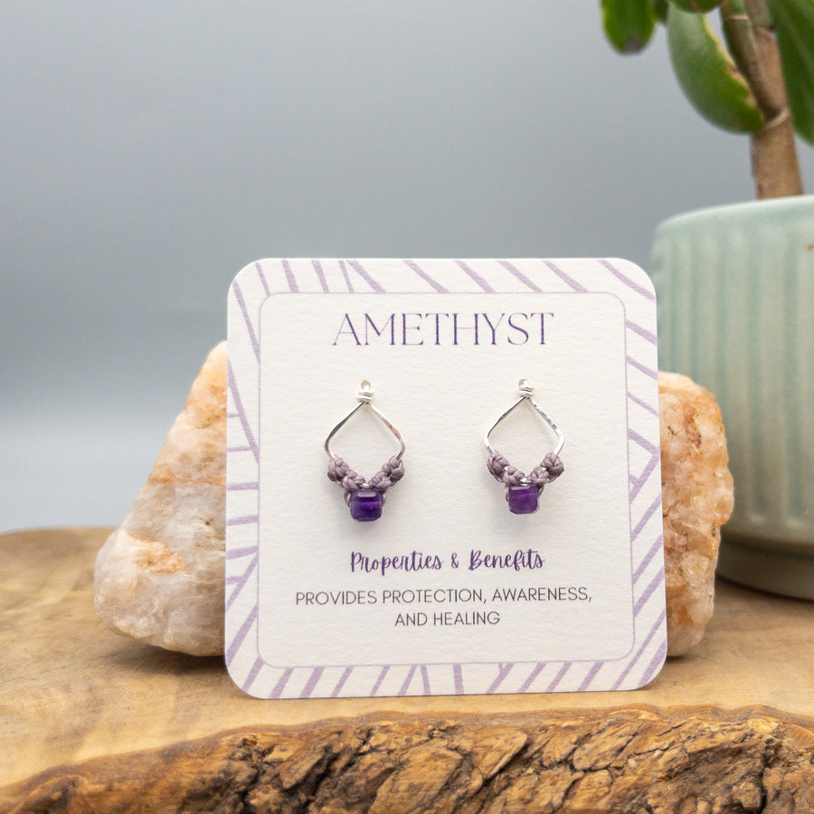 Square stud earrings in sterling silver with faceted cube shaped amethyst beads and macrame 