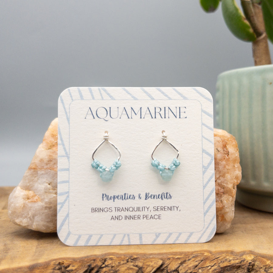 Square aquamarine earrings in sterling silver on a gift card