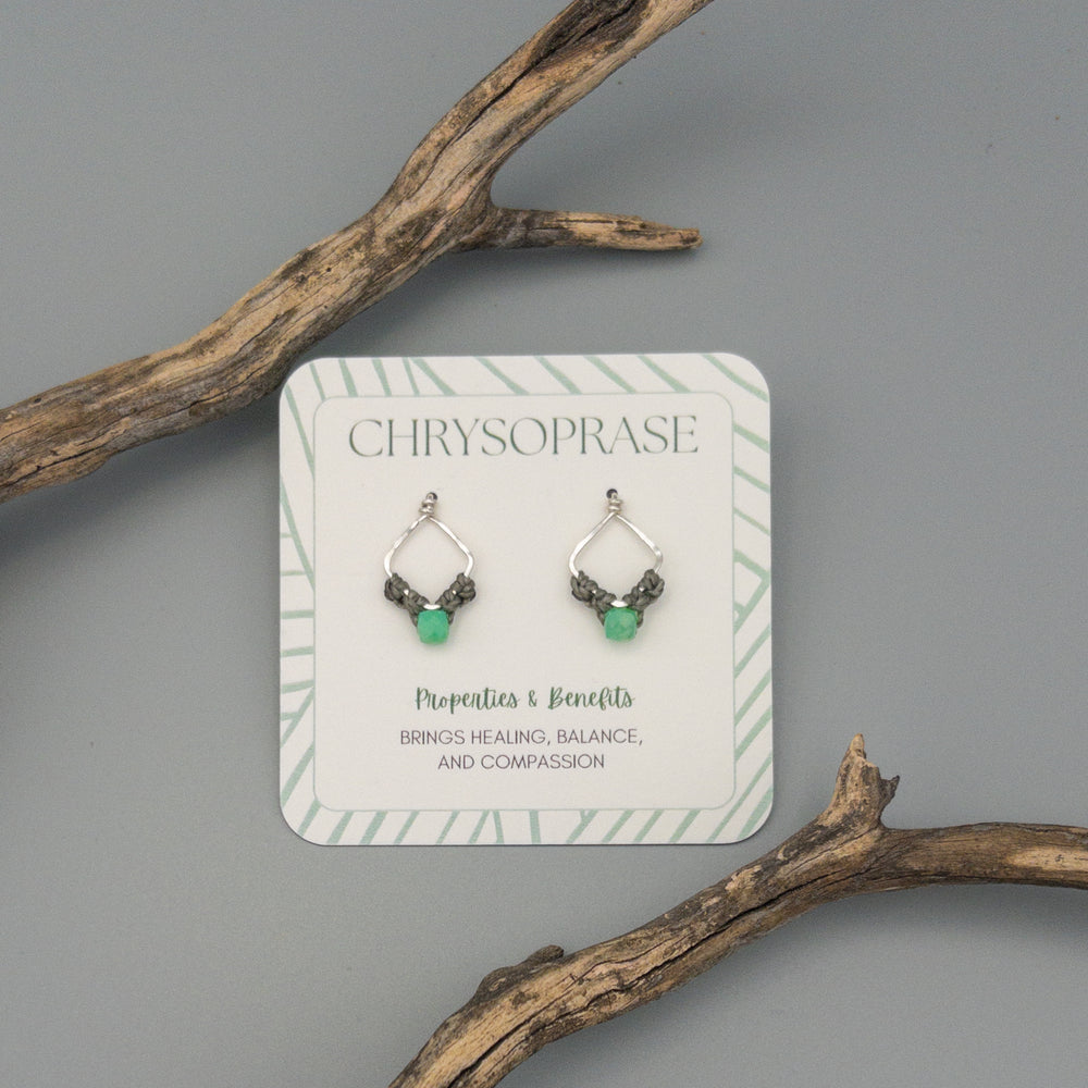 Sterling silver square chrysoprase earrings on a gray background