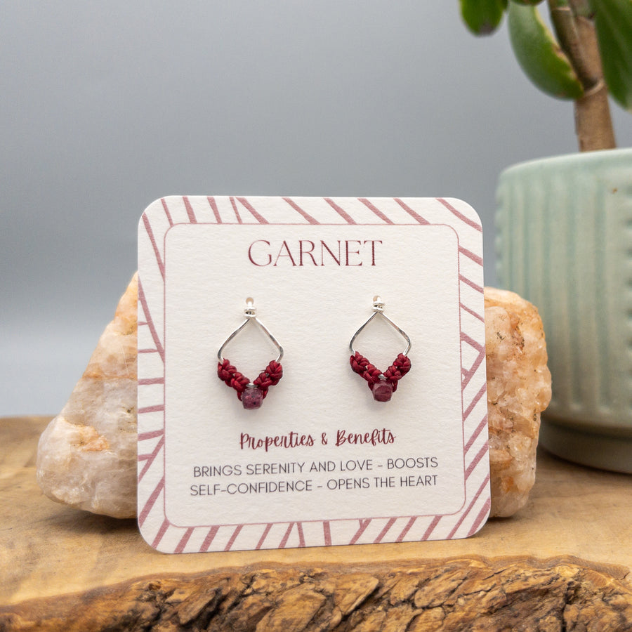 Square sterling silver macrame earrings with garnet beads