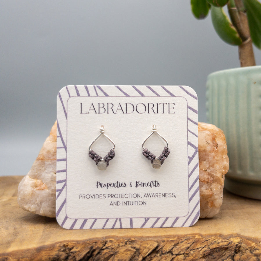 Sterling silver labradorite square earrings with macrame
