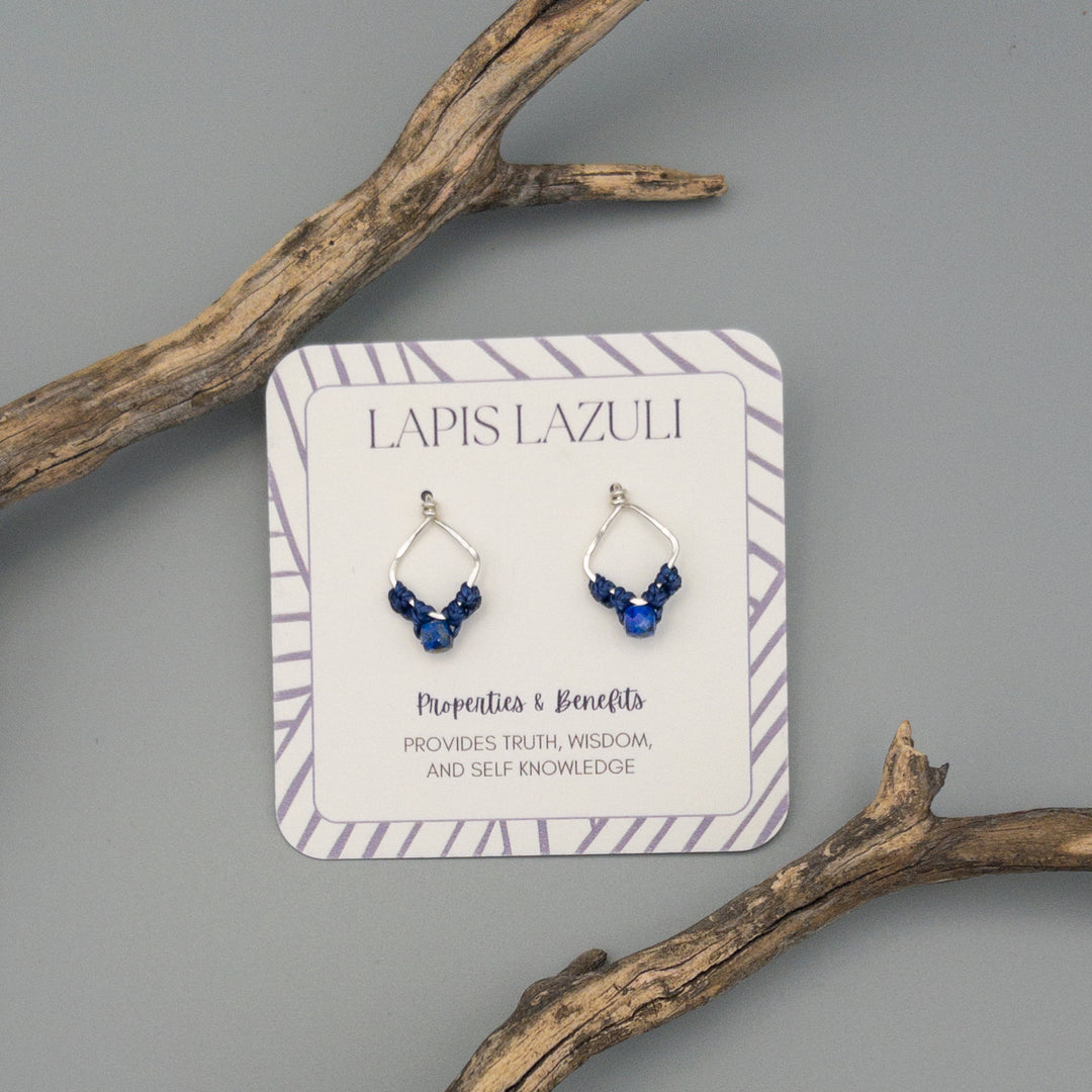 lapis lazuli sterling silver square macrame earrings on a gray background