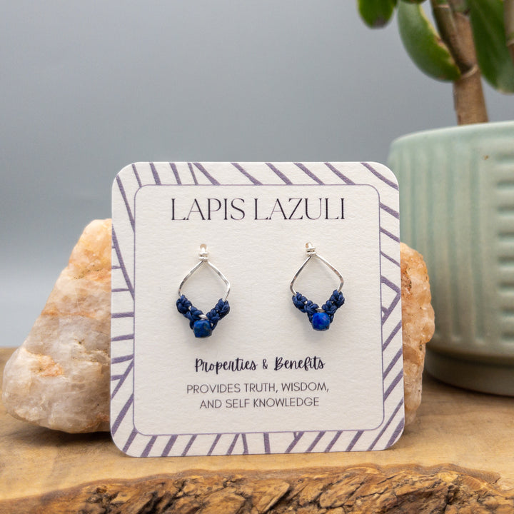 lapis lazuli sterling silver square macrame earrings