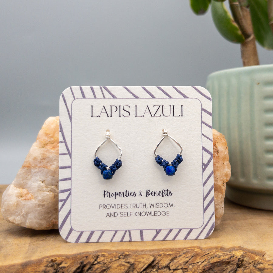 lapis lazuli sterling silver square macrame earrings